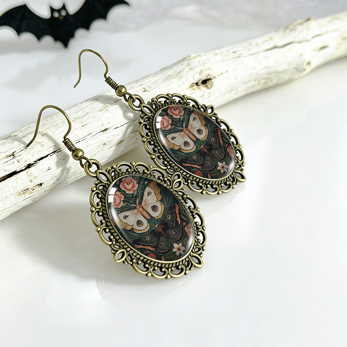 Vintage Openwork Lace Time Earrings with Pink Rose & Moth Print